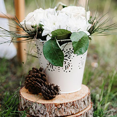 Simple and Elegant Bucket With Roses and Pinecones for Decoration